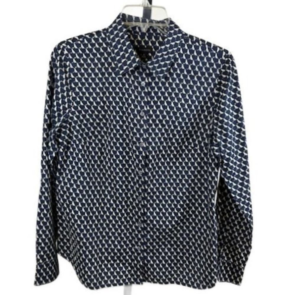 Talbots Button Shirt Blouse Women's Size 10 Navy Blue Dog Print Cotton
